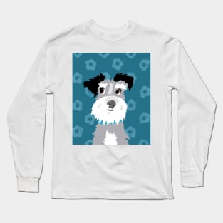 Salt and Pepper Miniature Schnauzer on Blue Daisy Background Long Sleeve T-Shirt